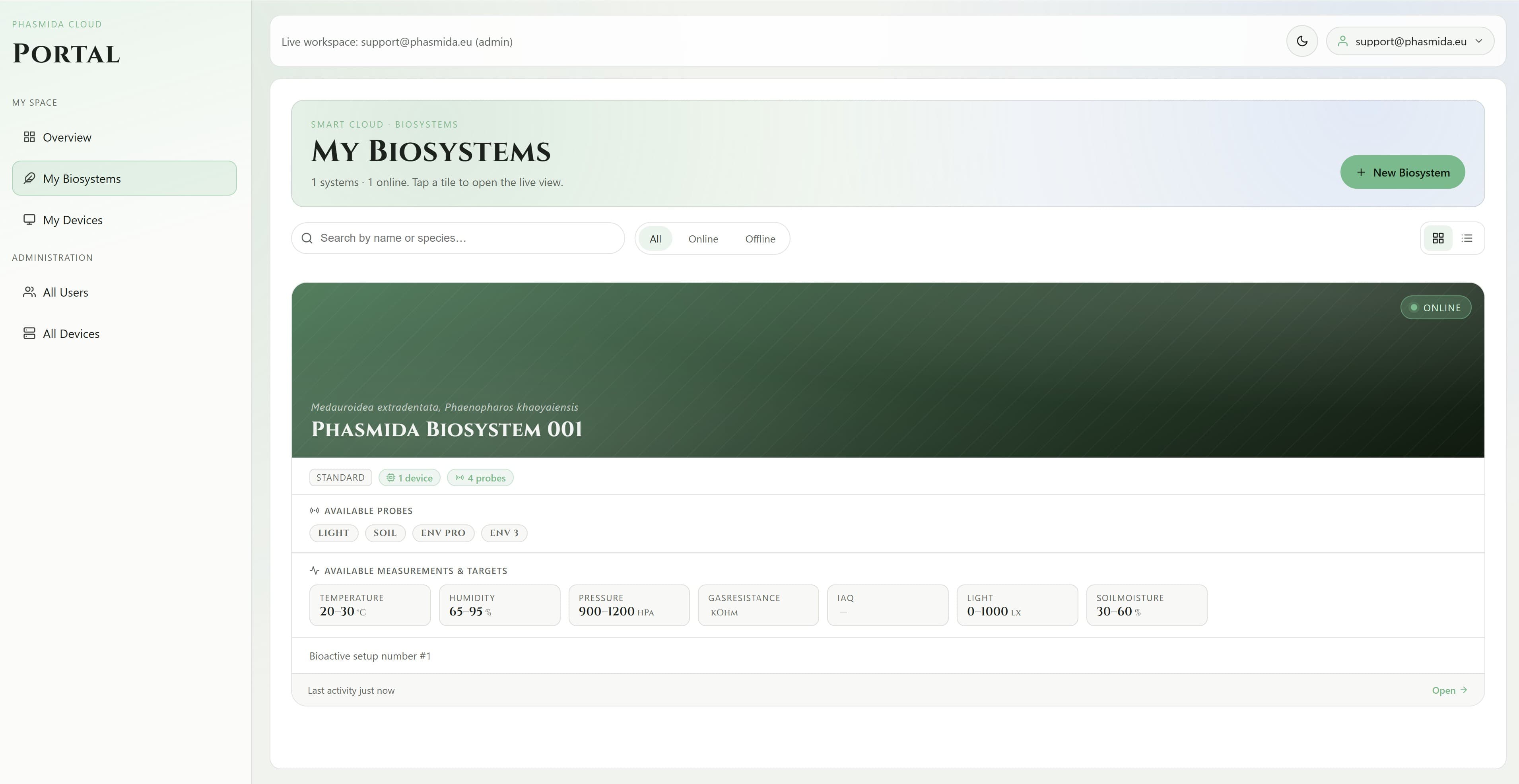 Biosystem catalog and probe readiness screenshot