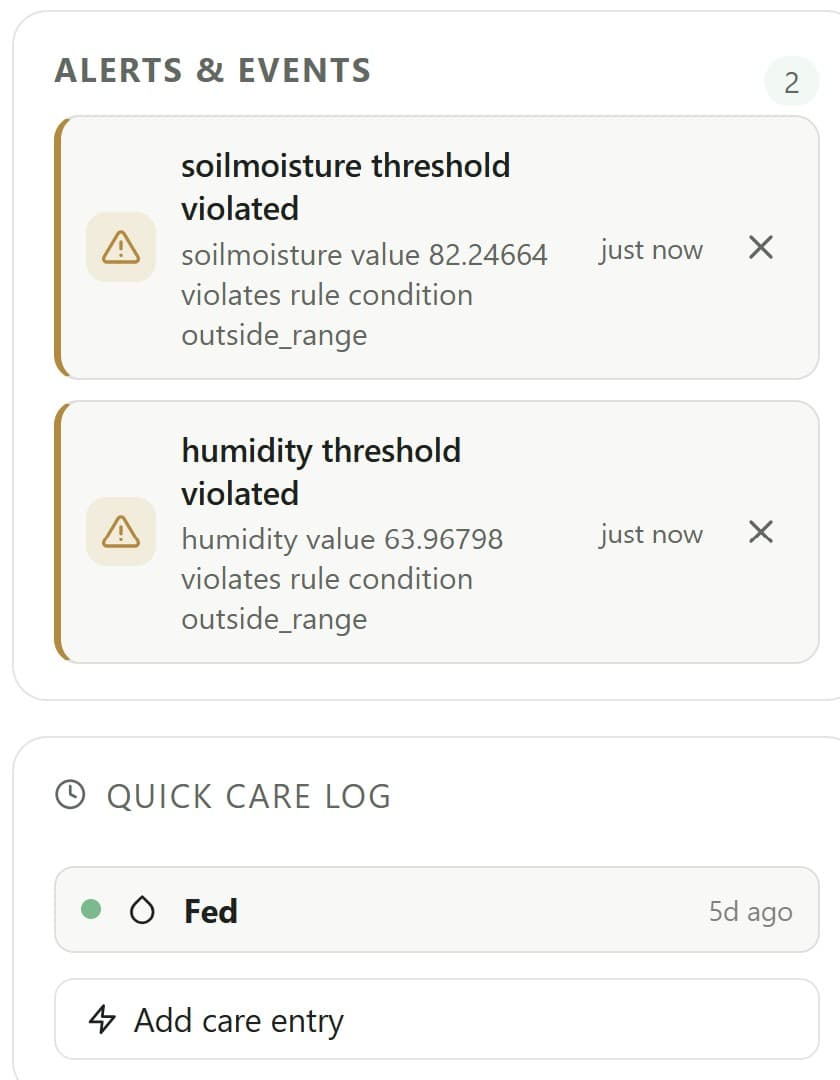 Smart Cloud alerts and Quick Care Log screenshot